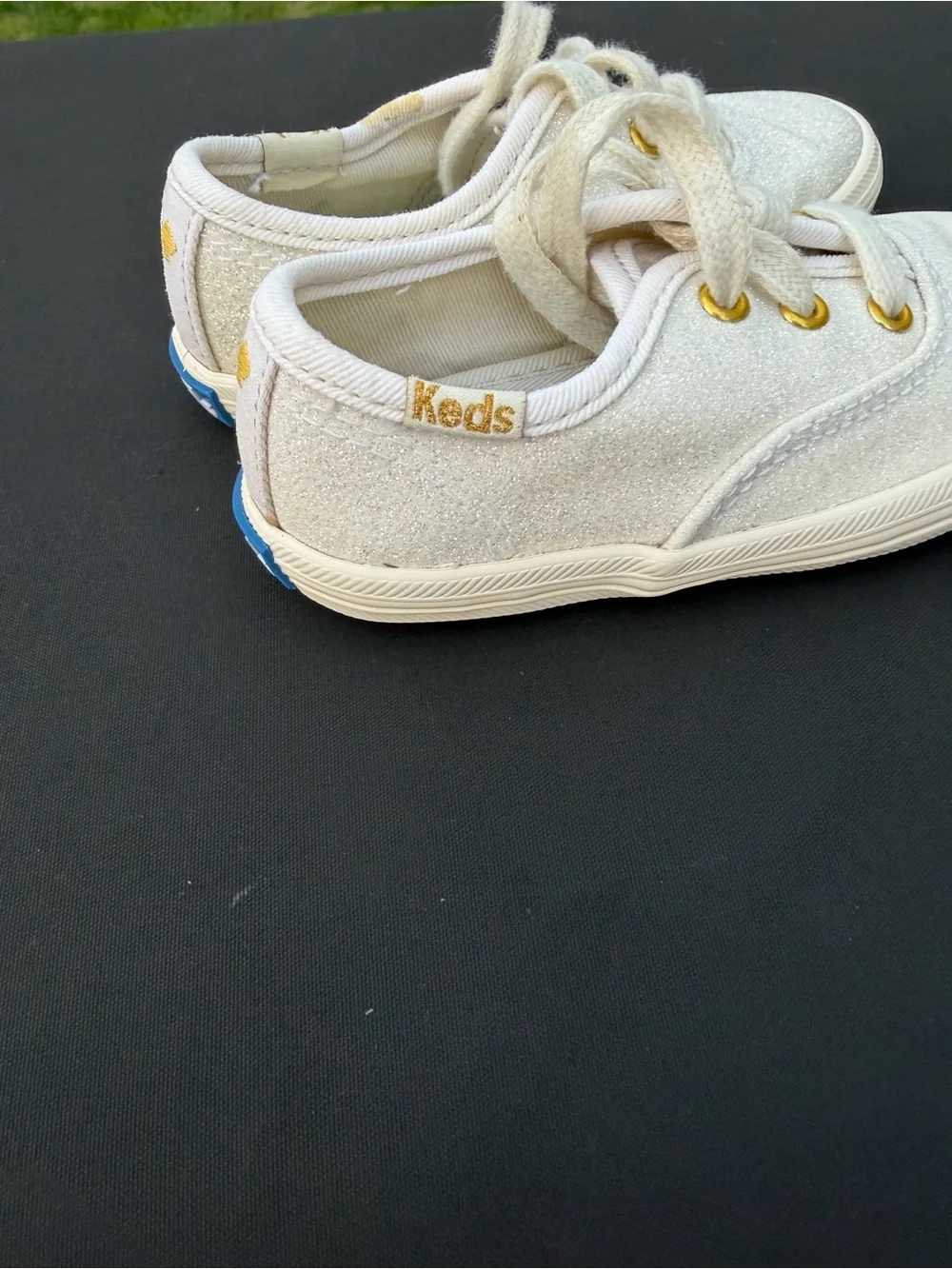 kate spade Kids Glitter Canvas Sneakers in White with Gold Eyelets